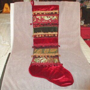 Vtg Jumbo Velvet Jacquard Christmas Stocking Front Tiered Gift Pockets Poms 33"